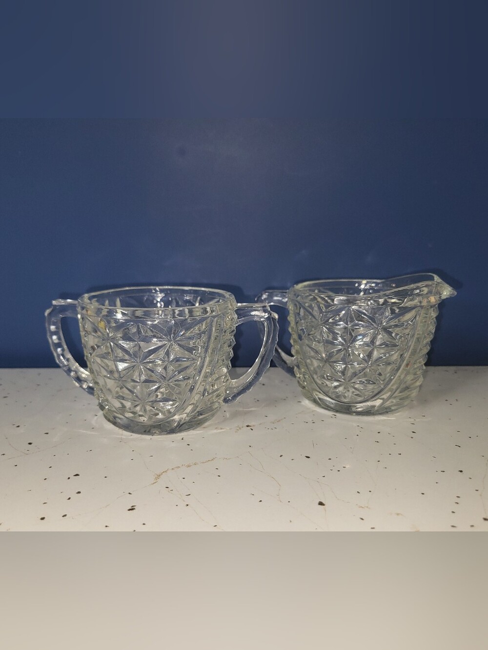 Vintage 1940's Cut Glass Sugar Bowl and Creamer Anchor Hocking Stars and Bars